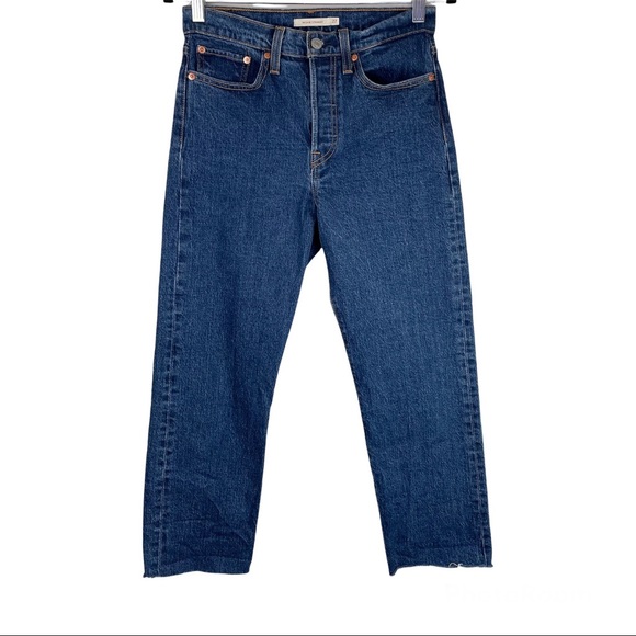 Levi’s Premium Wedgie Straight Jeans Blue Raw Hem Button Fly Sz 27 Dark Wash - Picture 2 of 13